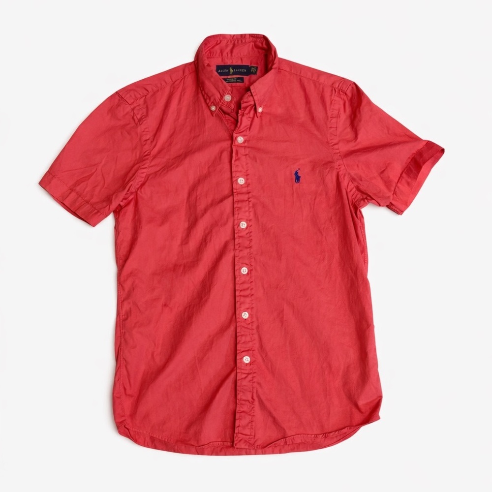 Ralph Lauren Red Short-Sleeve Button-Down Shirt with Navy Logo